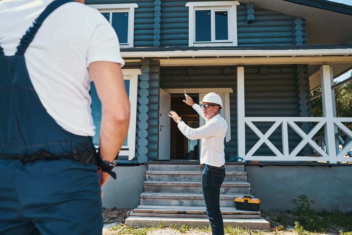 A construction worker pointing at a house and talking
