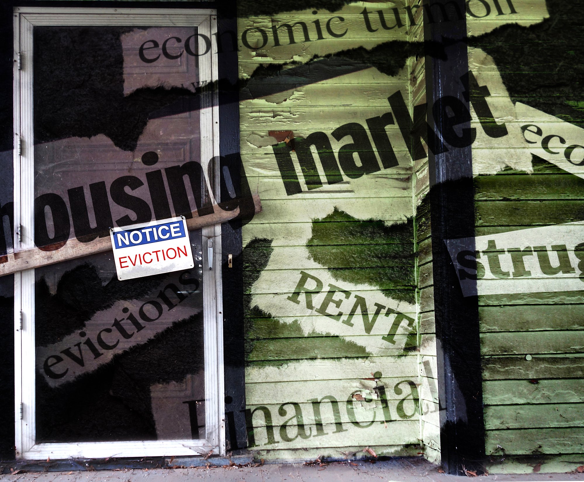 A house with an Eviction Notice on the door and economic news headlines