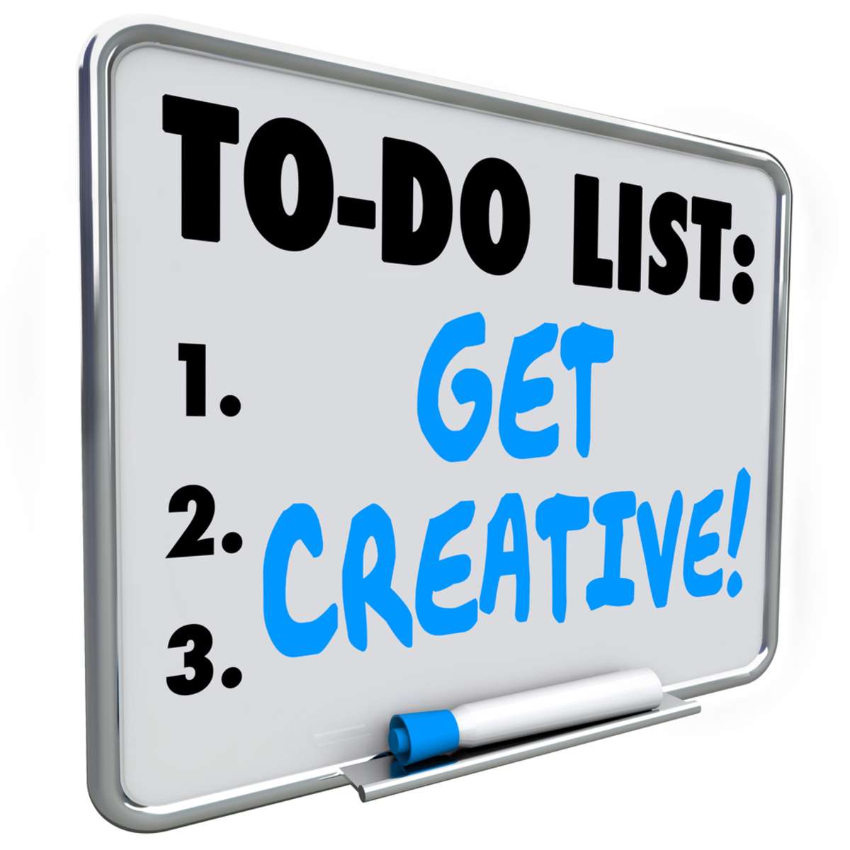 Get Creative words on a to do list written on a dry erase board to encourage inventive, fresh, original thinking