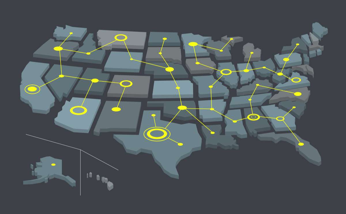 USA network map with connected yellow lines and circles representing virus hotbeds and pandemic spreading across the USA