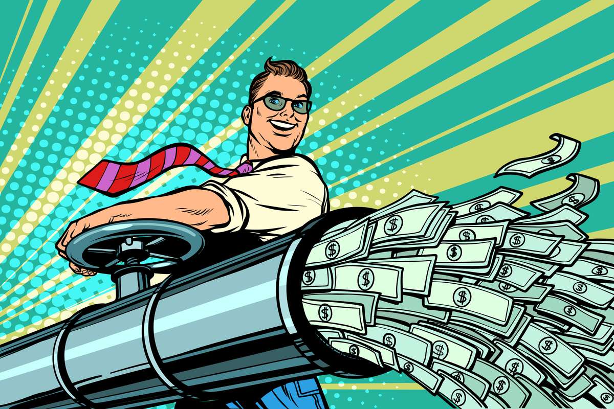 Businessman opens pipe, money Finance dollars flow (R) (S)