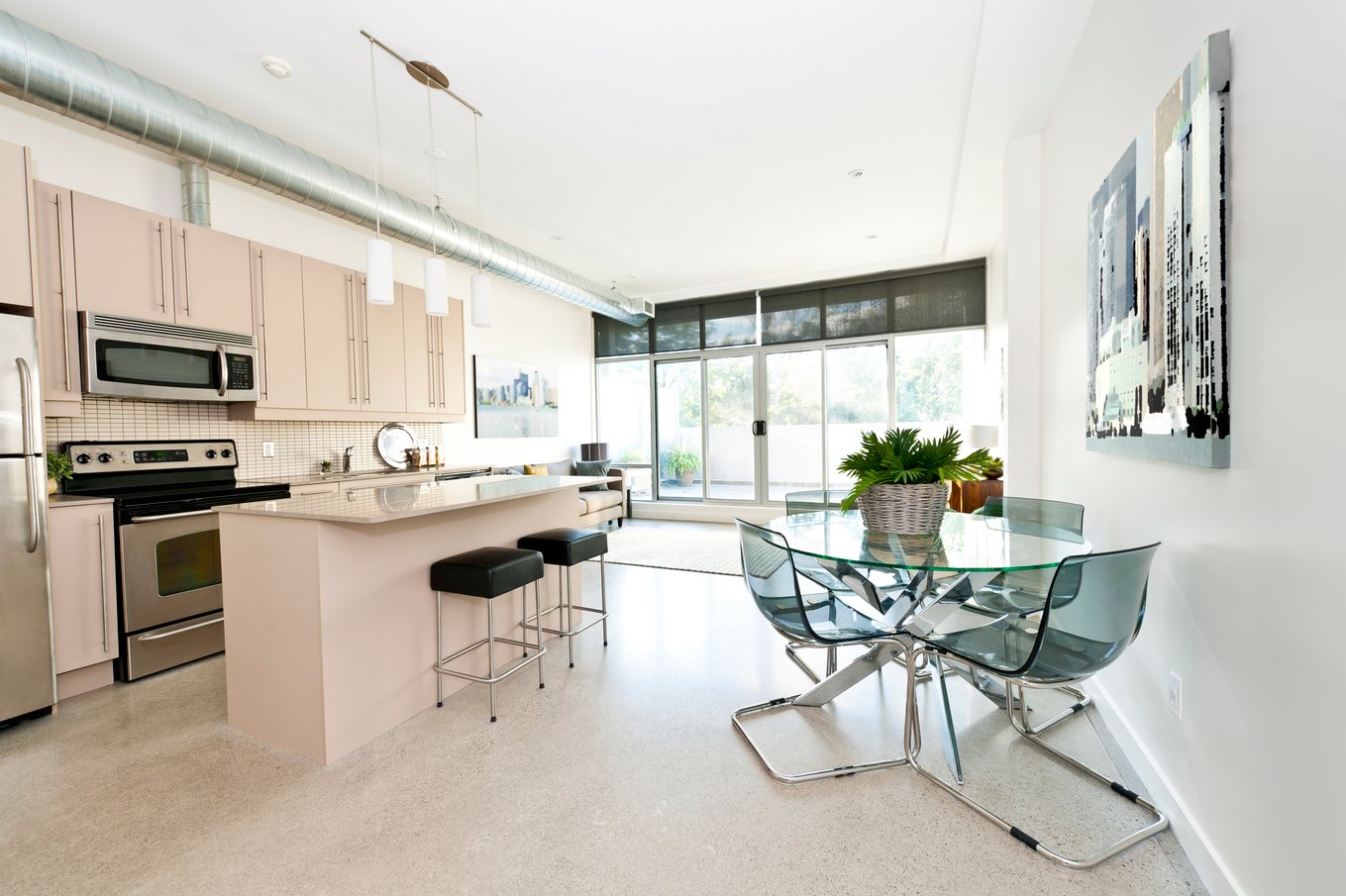 Modern condo kitchen dining and living room