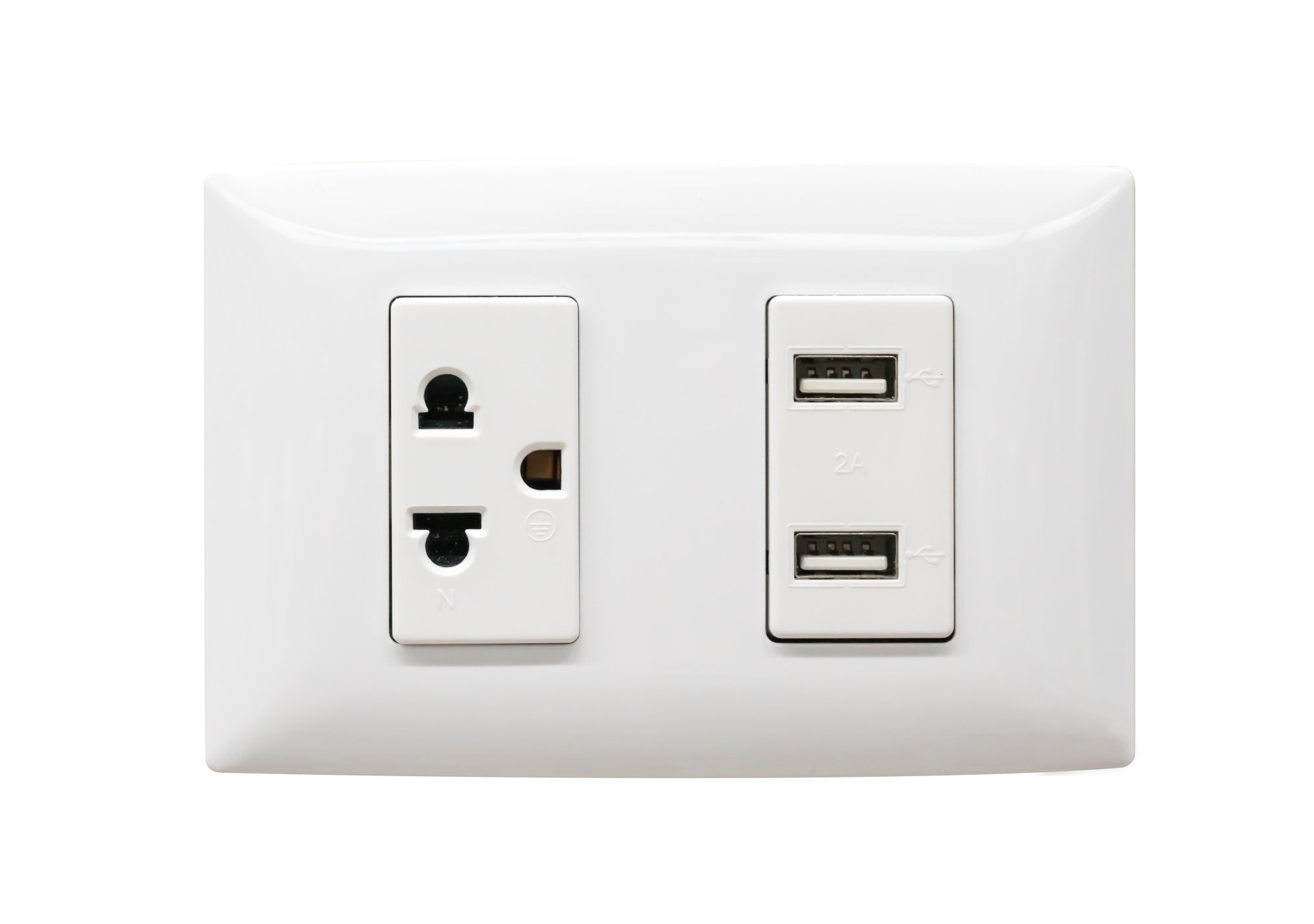 White electrical plug and USB wall outlet